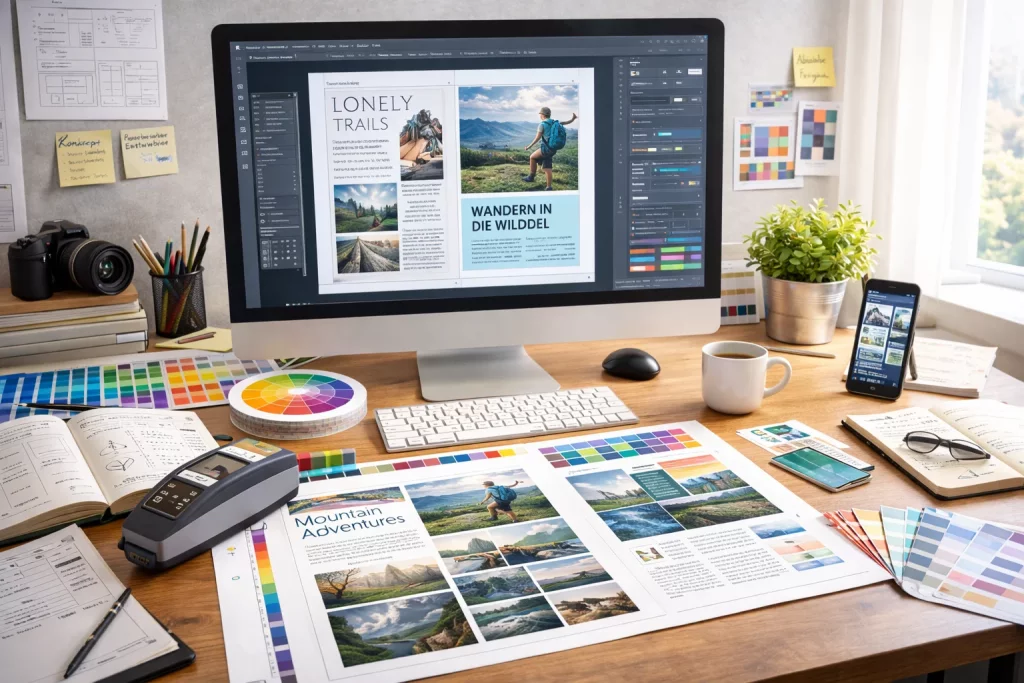 Arbeitsplatz eines Grafikdesigners mit Entwürfen