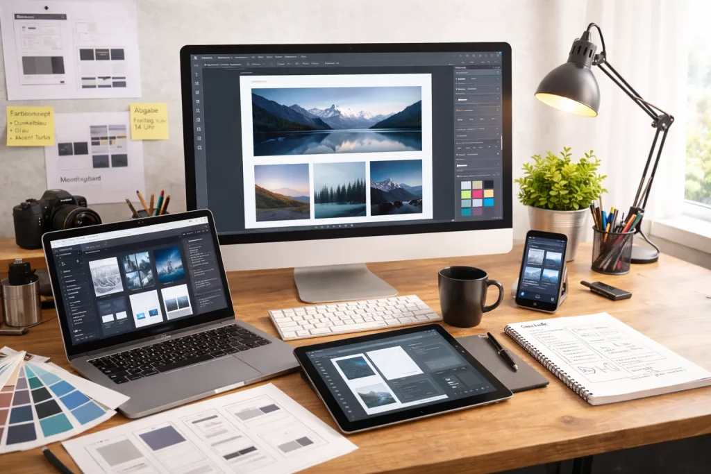 Kreativer Arbeitsplatz mit Design-Tools