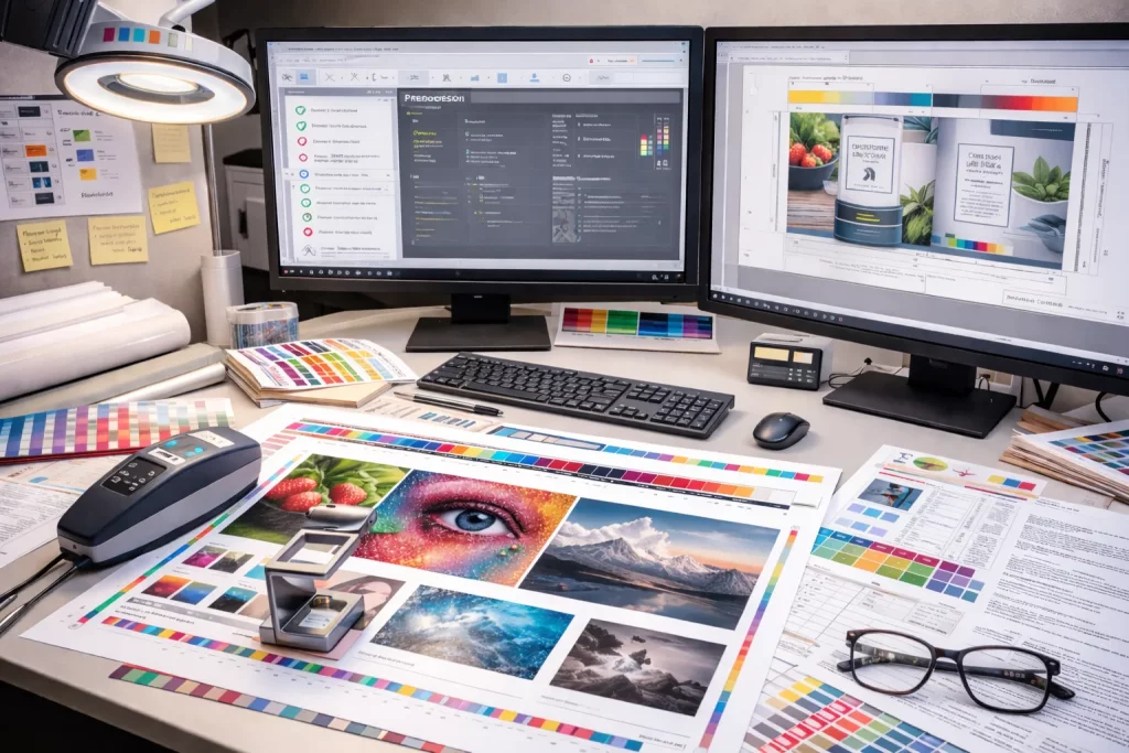 Prepress workstation mit Farbproof und Monitoren